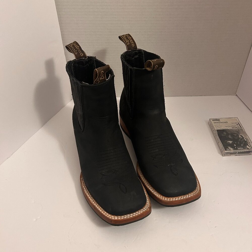 Cuatrero Boots Black Leather Roper Chelsea Square Toe | Size 8 | Handmade Mexico